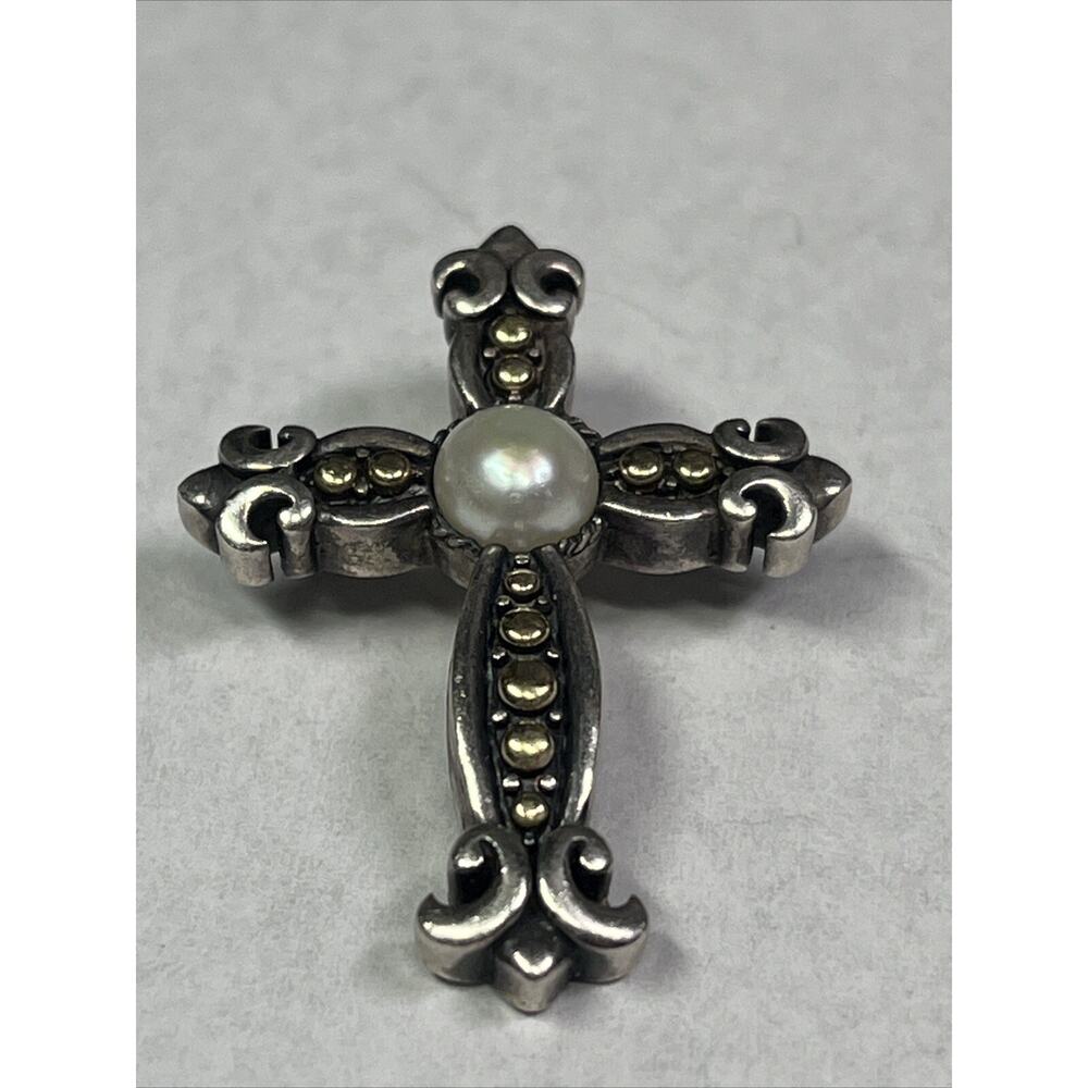 EFFY 18k And Sterling Silver Cross Crucifix Pendant Faux Pearl No Necklace RARE - Picture 2 of 12